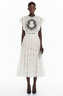 Placidia White Jacquard Floral-lace Pleated Midi Dress - Aura Muse
