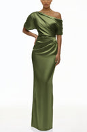 Priscilla Emerald Green One Shoulder Satin Maxi Dress - Aura Muse