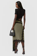 Prudence Asymmetric Lace Satin Maxi Dress In Green - Aura Muse