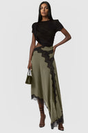 Prudence Asymmetric Lace Satin Maxi Dress In Green - Aura Muse