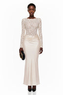 Qadira Cream Satin Maxi Dress with Lace Panels - Aura Muse