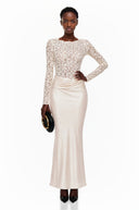Qadira Cream Satin Maxi Dress with Lace Panels - Aura Muse