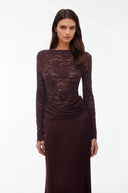 Qadira Rust Satin Maxi Dress with Lace Panels - Aura Muse