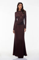 Qadira Rust Satin Maxi Dress with Lace Panels - Aura Muse