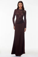 Qadira Rust Satin Maxi Dress with Lace Panels - Aura Muse