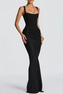 Quiana Black Ruched Corset Maxi Dress - Aura Muse