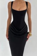 Quiana Black Ruched Corset Maxi Dress - Aura Muse