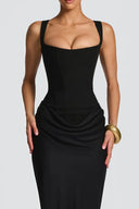 Quiana Black Ruched Corset Maxi Dress - Aura Muse