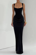 Quiana Black Ruched Corset Maxi Dress - Aura Muse