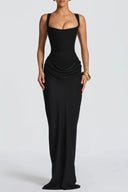 Quiana Black Ruched Corset Maxi Dress - Aura Muse