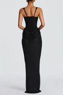 Quiana Black Ruched Corset Maxi Dress - Aura Muse