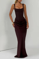 Quiana Brown Ruched Corset Maxi Dress - Aura Muse
