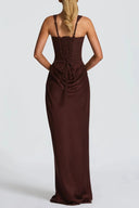 Quiana Brown Ruched Corset Maxi Dress - Aura Muse