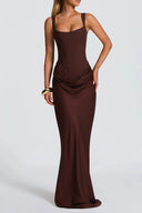 Quiana Brown Ruched Corset Maxi Dress - Aura Muse
