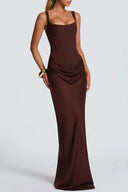 Quiana Brown Ruched Corset Maxi Dress - Aura Muse