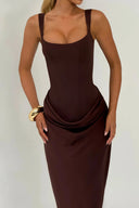 Quiana Brown Ruched Corset Maxi Dress - Aura Muse