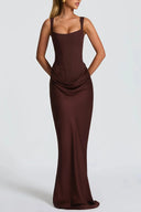 Quiana Brown Ruched Corset Maxi Dress - Aura Muse