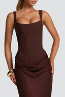 Quiana Brown Ruched Corset Maxi Dress - Aura Muse