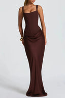 Quiana Brown Ruched Corset Maxi Dress - Aura Muse