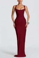 Quiana Red Ruched Corset Maxi Dress - Aura Muse