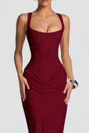 Quiana Red Ruched Corset Maxi Dress - Aura Muse