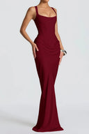 Quiana Red Ruched Corset Maxi Dress - Aura Muse
