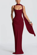 Quiana Red Ruched Corset Maxi Dress - Aura Muse