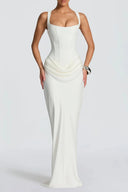 Quiana White Ruched Corset Maxi Dress - Aura Muse