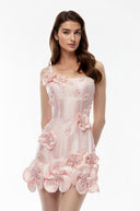 Quinty Pink Embellished Mini Dress with 3D Petals - Aura Muse