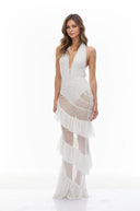 Raffaella White Halterneck Ruched Sheer Maxi Dress - Aura Muse