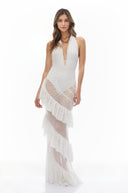 Raffaella White Halterneck Ruched Sheer Maxi Dress - Aura Muse