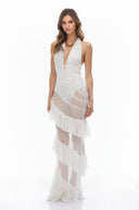 Raffaella White Halterneck Ruched Sheer Maxi Dress - Aura Muse