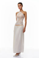 Raffaella White Pleated Maxi Dress with Lace Panels - Aura Muse