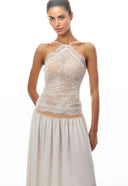 Raffaella White Pleated Maxi Dress with Lace Panels - Aura Muse