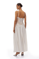Raffaella White Pleated Maxi Dress with Lace Panels - Aura Muse