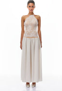 Raffaella White Pleated Maxi Dress with Lace Panels - Aura Muse