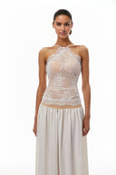 Raffaella White Pleated Maxi Dress with Lace Panels - Aura Muse