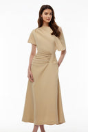 Raphaëlle Khaki Asymmetrical Ruched Maxi Dress - Aura Muse