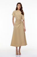 Raphaëlle Khaki Asymmetrical Ruched Maxi Dress - Aura Muse