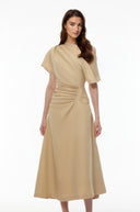 Raphaëlle Khaki Asymmetrical Ruched Maxi Dress - Aura Muse