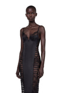 Raven Black Floral Lace Semi-Sheer Midi Dress - Aura Muse