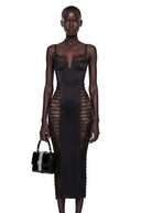 Raven Black Floral Lace Semi-Sheer Midi Dress - Aura Muse