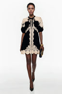 Reese Black Velvet Mini Dress with Lace Panels - Aura Muse