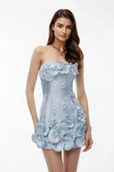 Reine Blue Off Shoulder Mini Dress with 3D Petals - Aura Muse