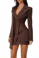 Remy Deep Brown Lace Panelled Asymmetrical Blazer & Skirt Set - Aura Muse