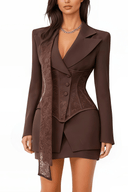 Remy Deep Brown Lace Panelled Asymmetrical Blazer & Skirt Set - Aura Muse