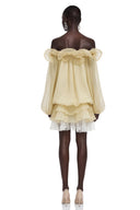 Rhea Pale Yellow Ruffled Mini Dress with 3D Florals - Aura Muse