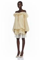 Rhea Pale Yellow Ruffled Mini Dress with 3D Florals - Aura Muse