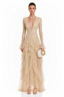 Rhiannon Beige Lace Tiered Midi Dress - Aura Muse