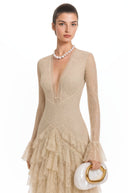 Rhiannon Beige Lace Tiered Midi Dress - Aura Muse